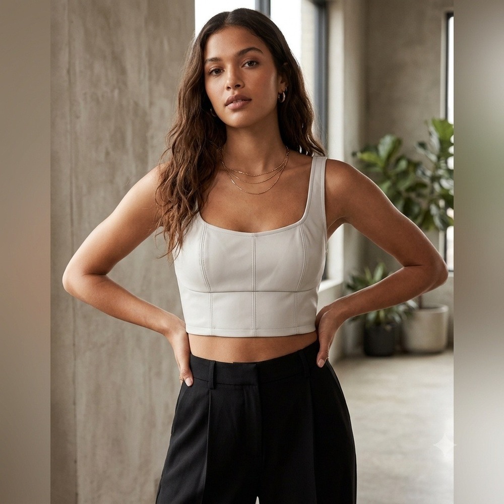 Banana Republic Vegan Leather Bustier Tank Top‎ Seamed Cropped Stoneware Cream 2